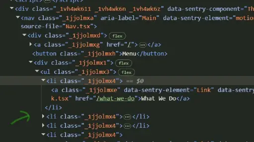 Screenshot of code that shows class names used.