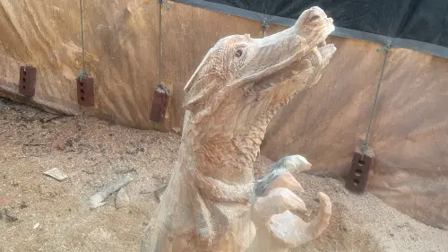Dragon chainsaw carving, bare wood.